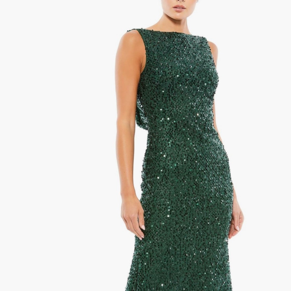 Mac Duggal Cowl Back Boat Neck Sequined Evening Gown